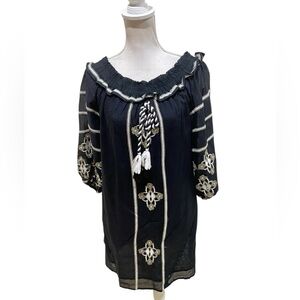 NWT Catherine black/natural embroidered boho dress top balloon sleeve medium